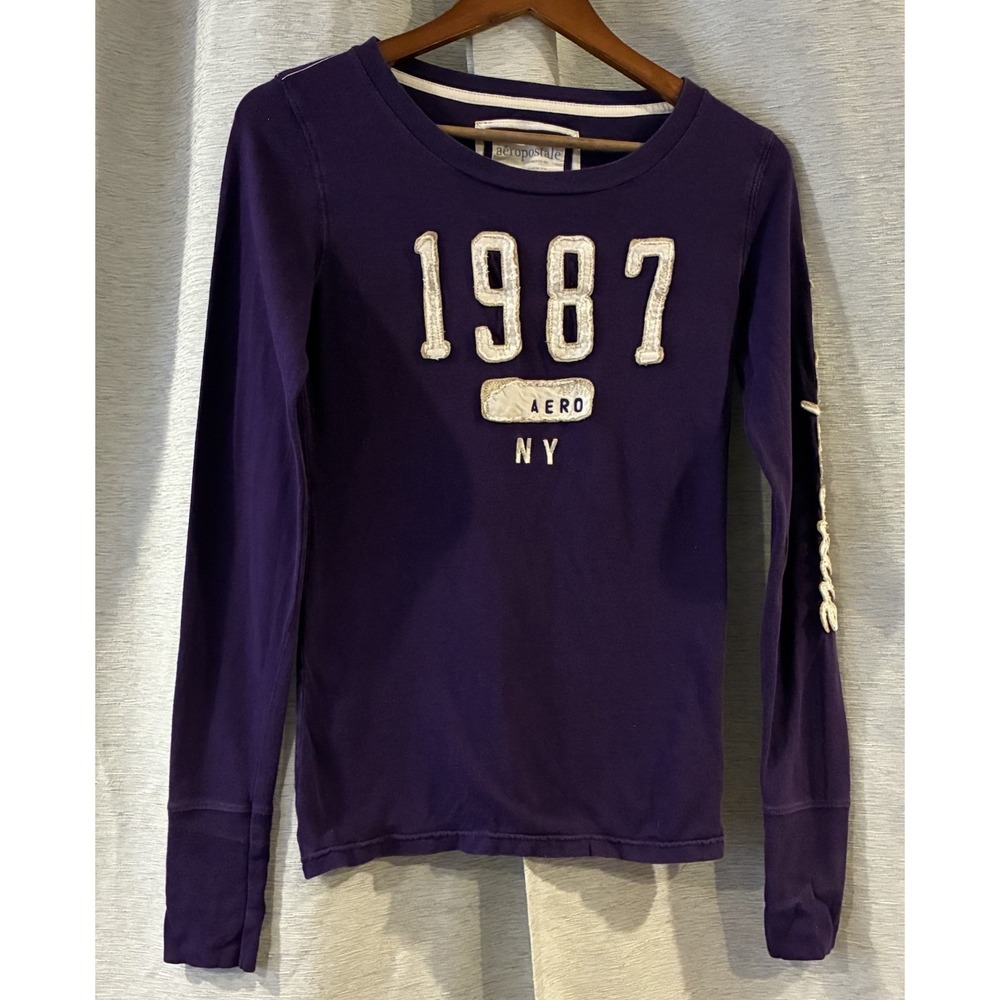 Aeropostale Top Womens M Purple Long Sleeve Tee Retro Y2K Raised Logo Spellout